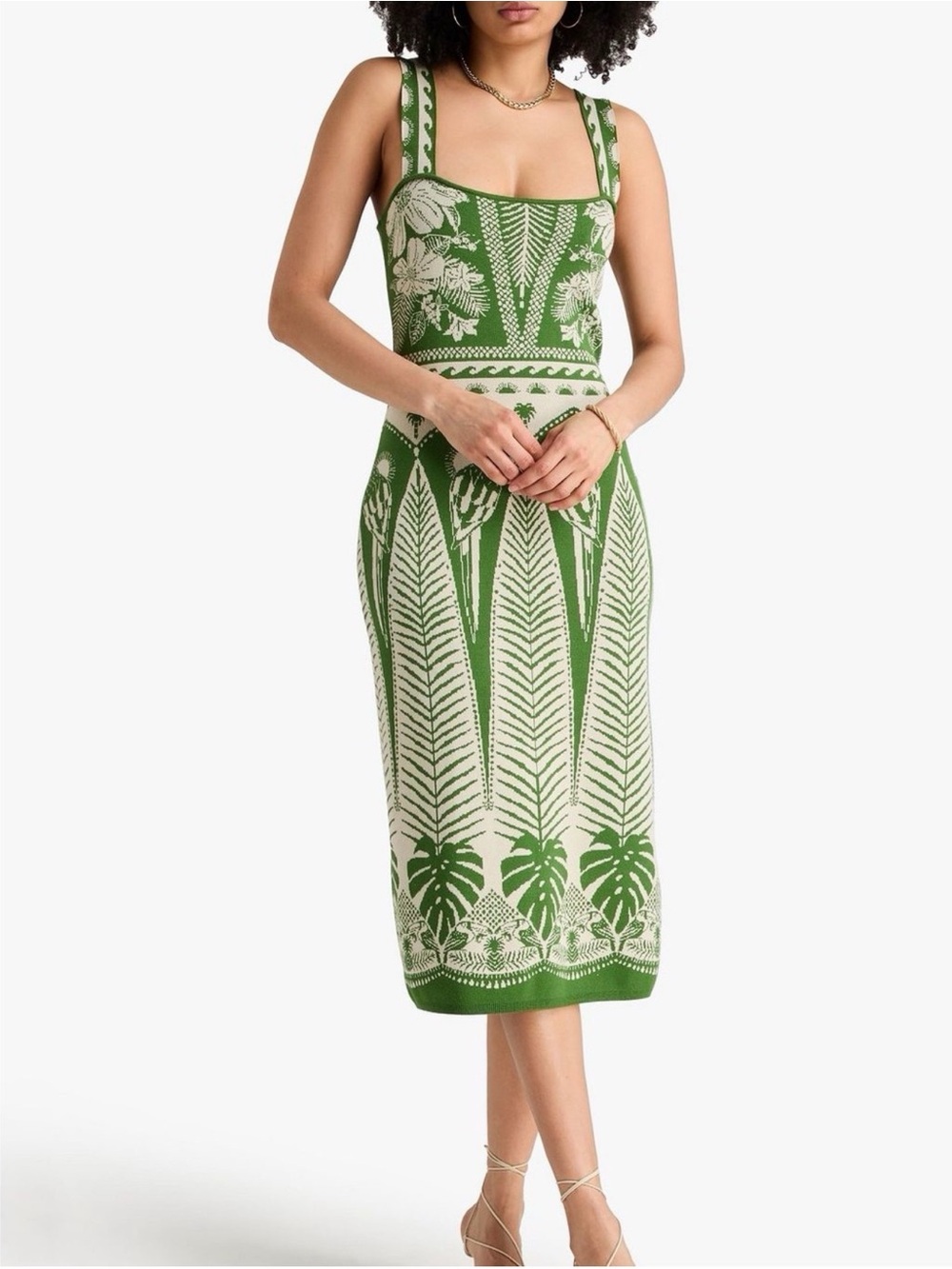 FARM Rio Green and Cream Tropical Knit Midi Dress